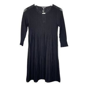 Eileen Fisher Washable Wool Ribbed Pleated Dress Black Size PP NEW